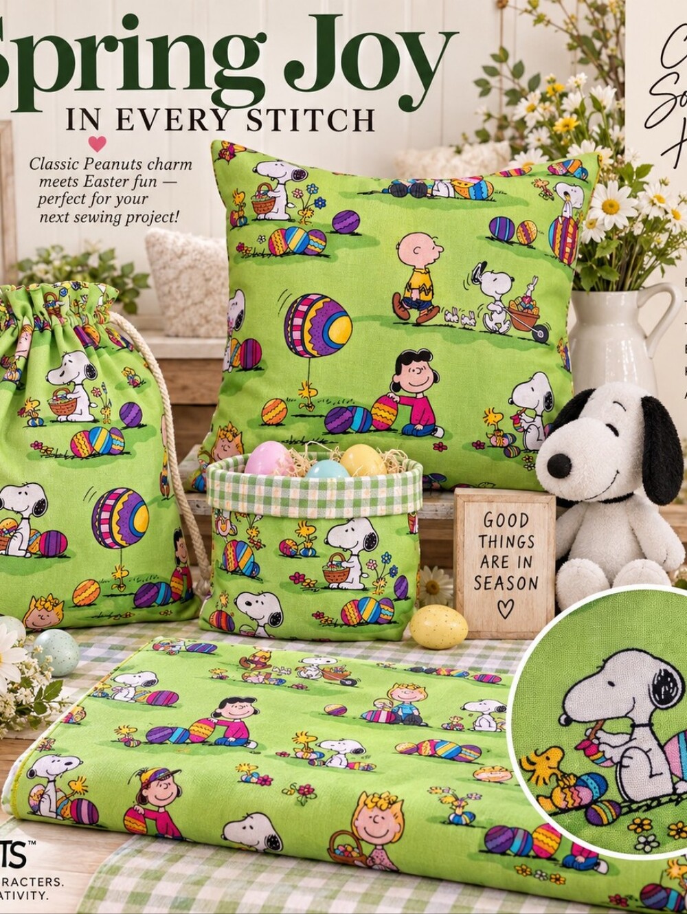 2 Yards Peanuts Snoopy Easter Spring Joy Cotton Fabric Green sew sewing material